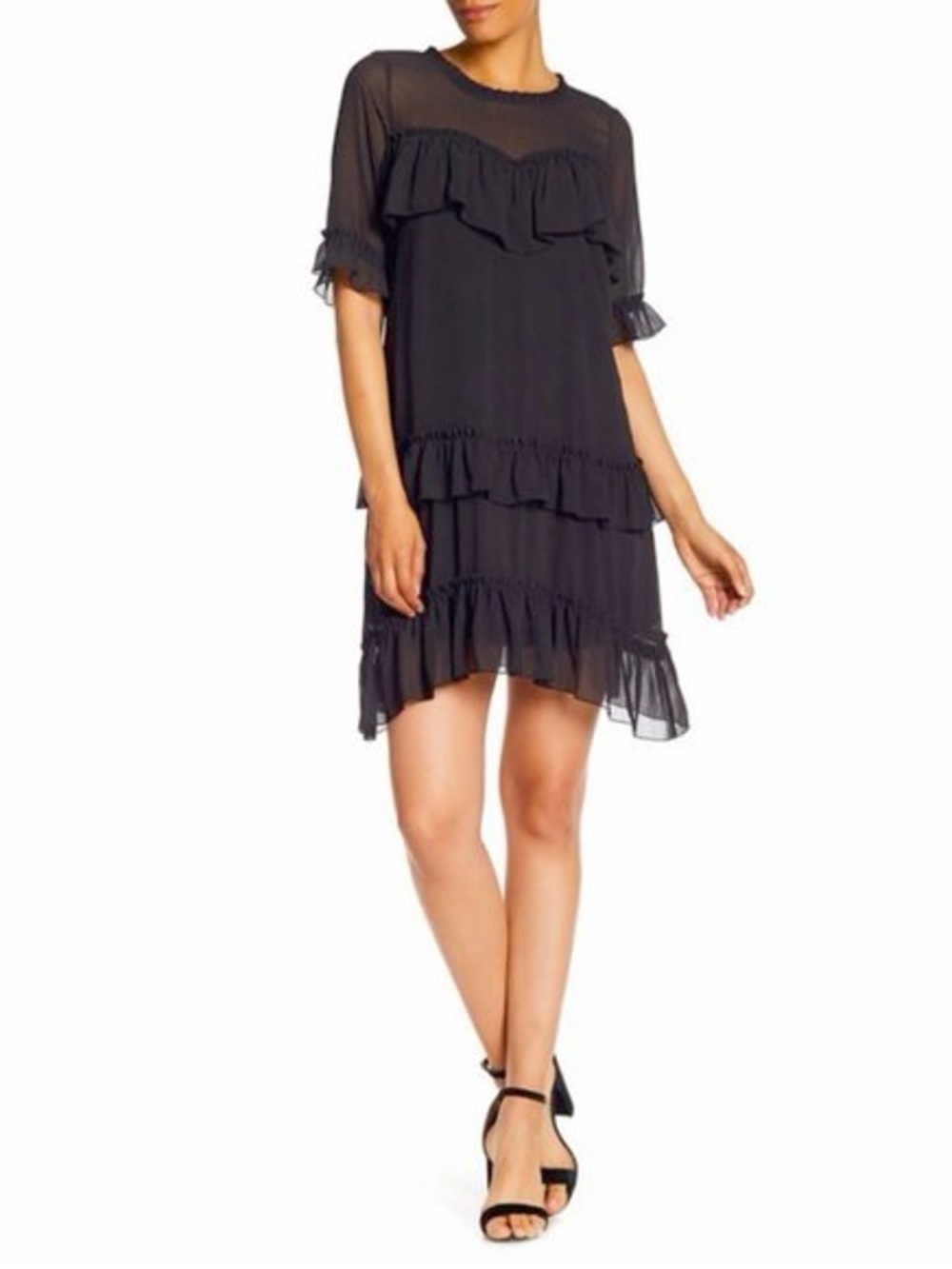 Kensie Black Ruffle Tiered Chiffon Mini Dress